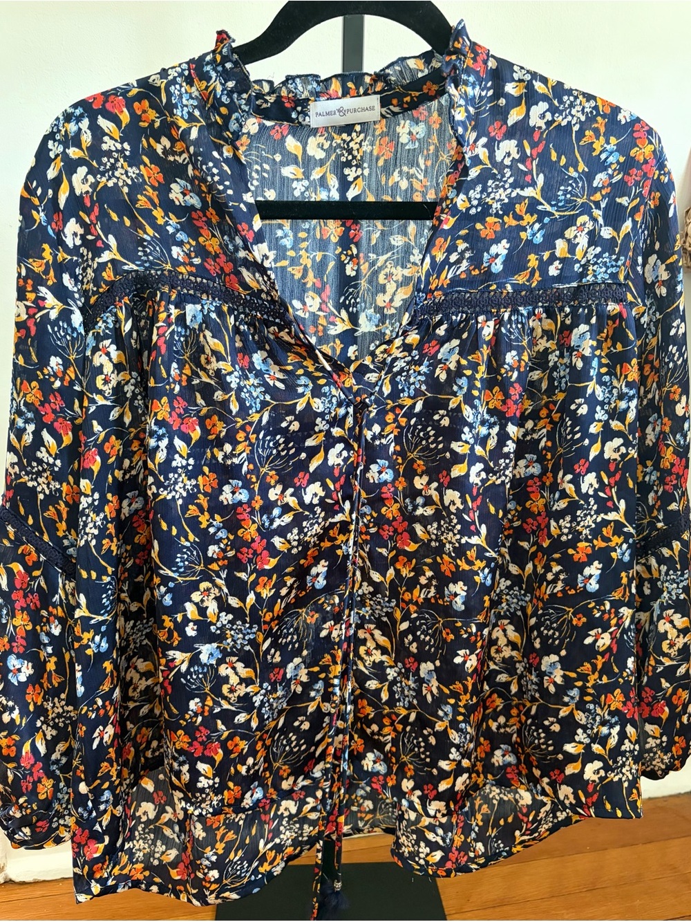Palmer & Purchase Floral Peasant Blouse - Navy Multi. Size Small.